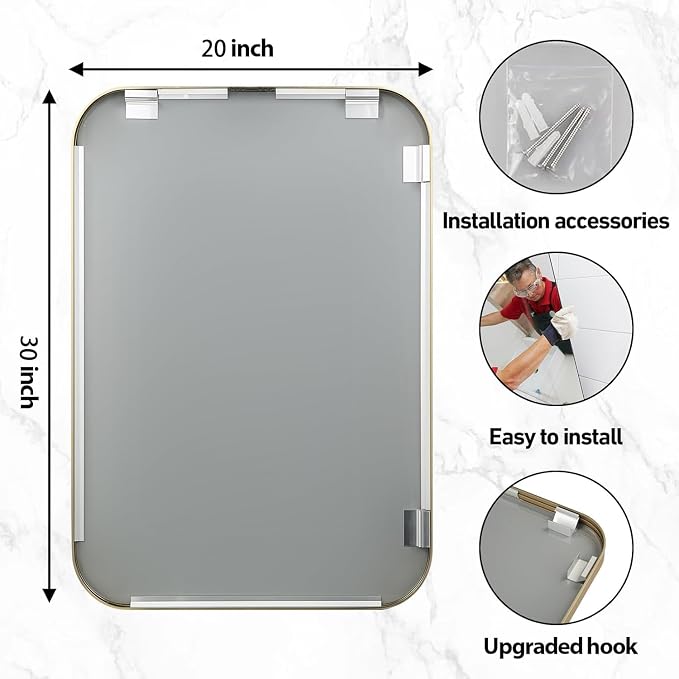 20x30 Inch Gold Bathroom Mirror, Brushed Brass Gold Metal Framed Rectangular Mirror with Rounded Corner, Bathroom Vanity Mirror for Bedroom or Living Room, Horizontal/Vertical