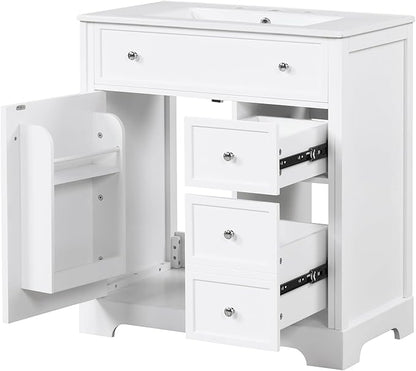 LUMISOL 30" Bathroom Vanity with Sink Combo, Solid Wood Bathroom Vanity with 2 Drawers and Storage Racks on Door, Freestanding Bathroom Storage Cabinet with Ceramic Basin Sink, White