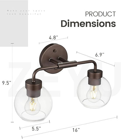 zeyu 2-Light Bathroom Vanity Lights Over Mirror, Farmhouse Globe Bathroom Light Fixtures with Clear Glass Shade, Oil Rubbed Bronze Finish, ZS62BG-2W ORB