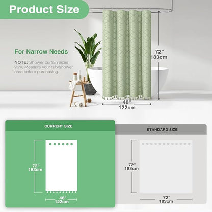 Stall Boho Shower Curtain Tufted Geometric 48"x72" Sage Green | 48 Inch Wide, Elegant Tassel, Lightweight Textured Fabric, Water Repellent, Washable, for Narrow Bathroom/Dorm 8 Hooks