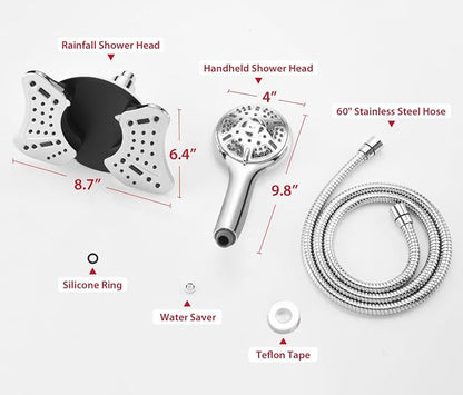 GRICH Shower Head with Handheld Spray - Dual High Pressure Showerhead | Rainfall Shower Heads Combo, Detachable Hand Shower, 9 Spray Settings, 60" Stainless Steel Shower Hose, 2.5GPM, Chrome
