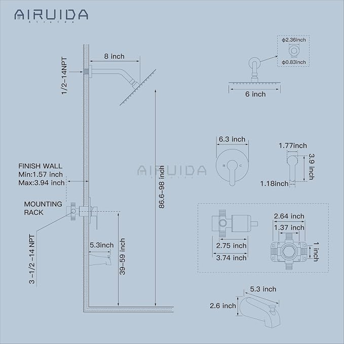 Airuida Shower Faucet Set with Tub Spout,6" Bathtub Faucet-Matte Black | Male Threads Rough-In Valve,Round Head Shower System,Tub and Shower Kit Set
