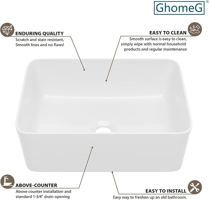 White Bathroom Vessel Sink Ceramic Vanity Art Basin Above Counter | 16x12 Inch Rectangular Bathroom Sink Porcelain Vessel Vanity Sink