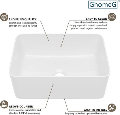 White Bathroom Vessel Sink Ceramic Vanity Art Basin Above Counter | 16x12 Inch Rectangular Bathroom Sink Porcelain Vessel Vanity Sink