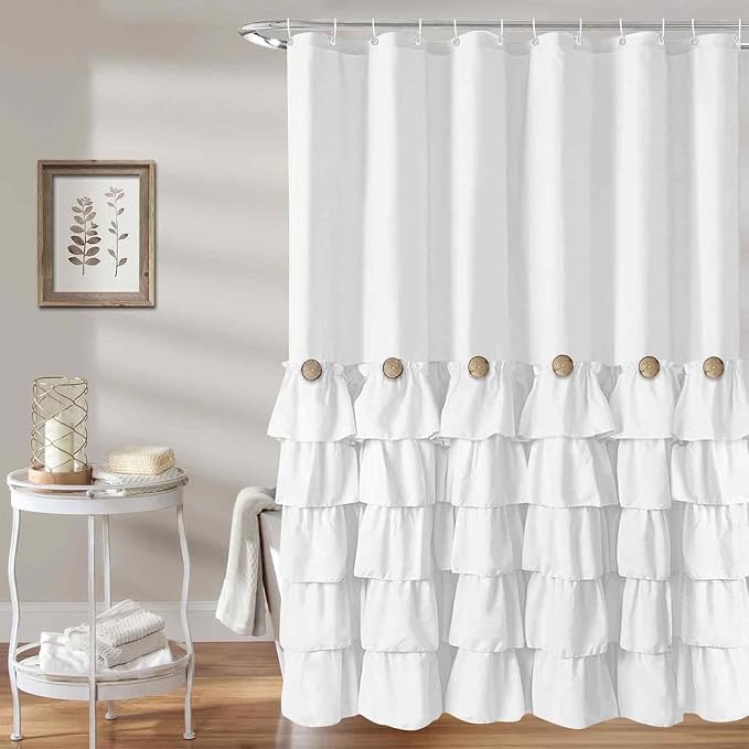 Seasonwood White Ruffle Shower Curtain Farmhouse Shower Curtain 72 X 84 | Natural button accents, layered fabric tiers, shabby chic and French country styling for decorative bathroom updates