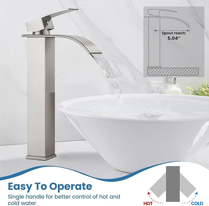 Airuida Vessel Sink Faucet Brushed Nickel, Tall Waterfall Bathroom Single Handle Single Hole, Deck Mount Mixer Tap with Large Rectangular Vessel Faucet Lavatory Vanity