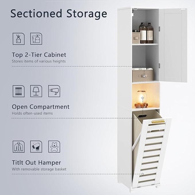 VECELO Tall Bathroom Storage Cabinet with Mirror and Hidden Basket, Freestanding Slim Organizer with Adjustable Shelves and Shutter Door, for Laundry Room Bathroom, White