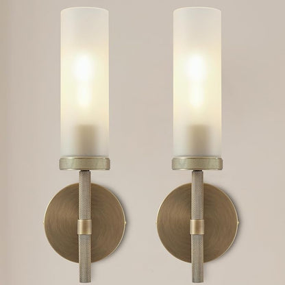 15" Hardwired Frosted Glass 2 PC Bathroom Wall Sconces, Handmade Knurled Brass Wall Light Fixture,Modern Vanity Light for Living Room,Hallway, Bedroom, Indoor Sconces