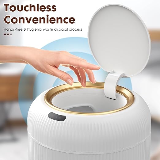 Procade Motion Sensor Trash Can with Lid,Small Automatic Trashcan Bathroom | 3 Gallon Touchless Sensor Trash Bin,White and Gold Garbage Can,Electric Round Plastic Waste Basket for Bedroom,Office,Dorm,RV