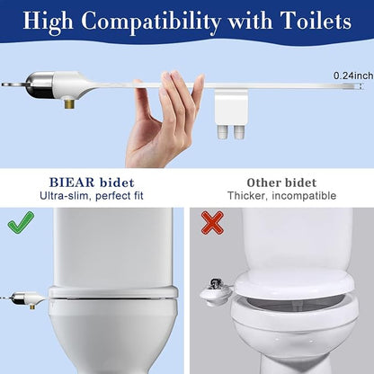 Bidet Toilet Seat Attachment Ultra Slim Bidet With Self Cleaning Dual Nozzle Adjustable Water Non Electric Bidet Fresh Water Spray for Sanitary and Feminine Wash (Sliver)