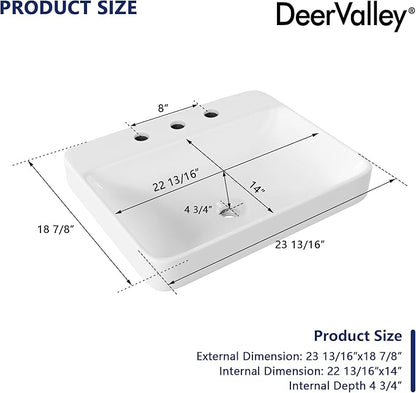 DeerValley 24x19 Inch Rectangular Drop-in Bathroom Sink, White Semi Recessed Vessel Sink with Overflow and Three Faucet Holes, Ceramic Vanity Basin, DV-1DS0121