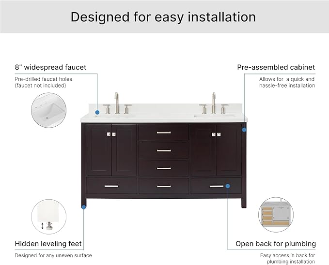 ARIEL Cambridge 66-inch Bathroom Vanity with Sink,Solid Wood, 1.5-inch Pure White Quartz Countertop, Double Rectangular Porcelain Sink, 4 Soft Closing Doors, 6 Dovetail Drawers, Espresso