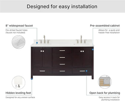 ARIEL Cambridge 66-inch Bathroom Vanity with Sink,Solid Wood, 1.5-inch Pure White Quartz Countertop, Double Rectangular Porcelain Sink, 4 Soft Closing Doors, 6 Dovetail Drawers, Espresso