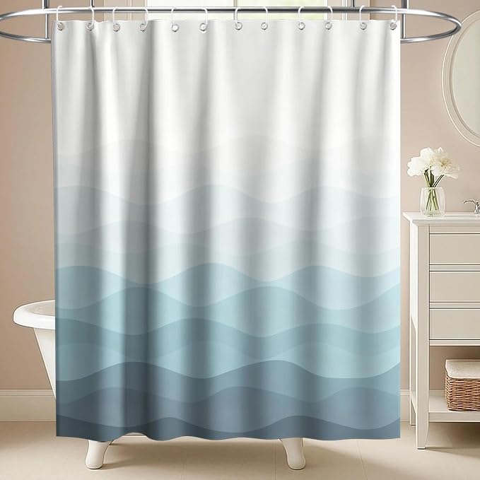 Luxury Modern Ocean Shower Curtain Abstract Funky Cute Striped Aesthetic | Art Shower Curtains for Bathroom, Waterproof Bath Curtain with Hooks Machine Washable Bathtub Curtains 72x84 Inch Blue