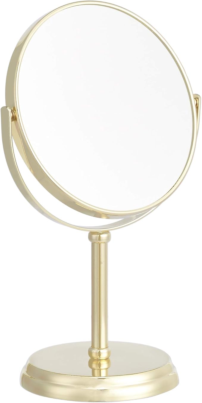 Amazon Basics 360° Rotation Double Sided Vanity Mirror, 1X/5X Magnification, Tabletop Mount, Iron Frame, 7.2"L x 4.92"W, Gold