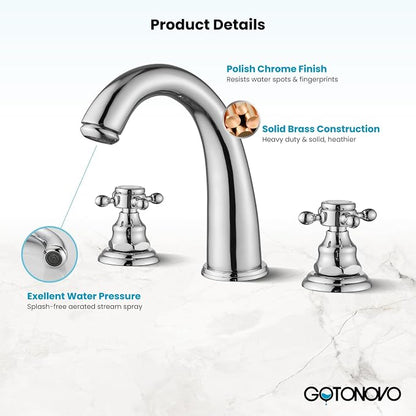 gotonovo Widespread Bathroom Sink Faucet 3 Hole Polished Chrome,No Label | Vintage 8’’ Bathroom Faucet,2 Cross Handle,6-16’’ Sink,Vanity,RV,Farmhouse,SUS304,24’’ cUPC Hose,Pop Up Drain,Deck Mount