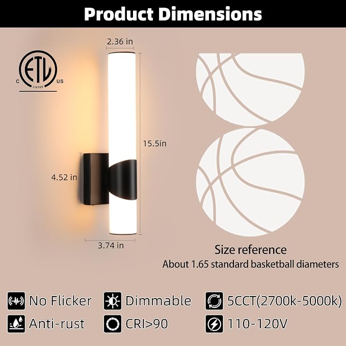 Black Wall Sconce 5CCT Dimmable Bathroom Sconce with Acrylic Shade LED 15 inch Hardwired Wall Light Fixtures for Bathroom Living Room Bedroom Hallway