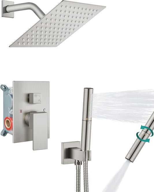 Aolemi Shower System with Rain Head and Handheld,8-Inch,Brushed Nickel | High-Pressure Shower Faucet Set with Dual-Function Handheld,Rough-In Valve,1.8 GPM,Wall-Mount Trim Kit