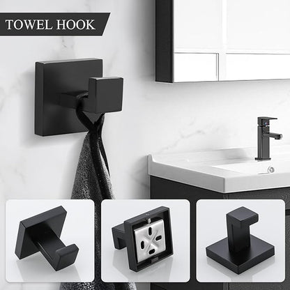 TURS 4-Piece Bathroom Hardware Set Black Towel Bar Set Stainless Steel Towel Bar Hand Towel Holder Toilet Paper Holder Towel Hooks Wall Mount