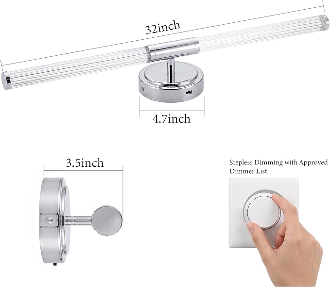 URSOLA 32" Modern LED Bathroom Light Fixtures, Chrome 3CCT Dimmable Bathroom Vanity Light Over Mirror, Bathroom Vanity Bath Bar Lights with 360° Removable Acrylic Light Tube