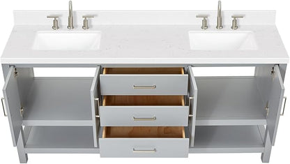 ARIEL Magnolia 72-inch Bathroom Vanity with Sink,Solid Wood, 1.5-inch Carrara White Quartz Countertop & Backsplash, Double Rectangular Porcelain Sink, 4 Soft Closing Doors, 3 Dovetail Drawers, Grey