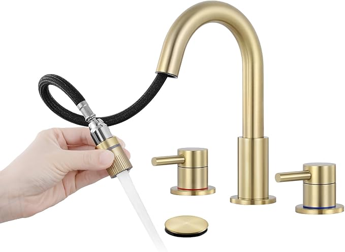 Bathroom Faucet 3 Hole, 8 Inch Widespread 2 Handle Pull Down Bathroom Sink Faucets with Pop Up Drain and 360° Swivel Spout, Brushed Gold