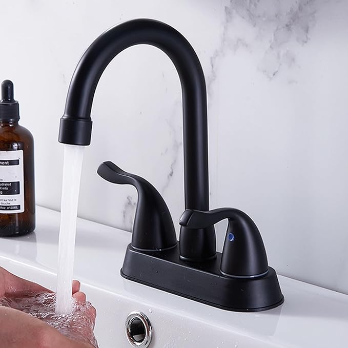Matte Black 4-Inch Centerset Bathroom Faucet, 2-Handle 3-Hole Sink Faucet with Pop-up Drain & Supply Lines