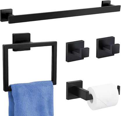 5 Pieces Bathroom Hardware Accessories Set Wall Mounted - Matte Black | 23.6 Inch Towel Rod, 304 Stainless Steel, Modern Design, Easy to Install, Sturdy and Durable, Rustproof, Bathroom Kit