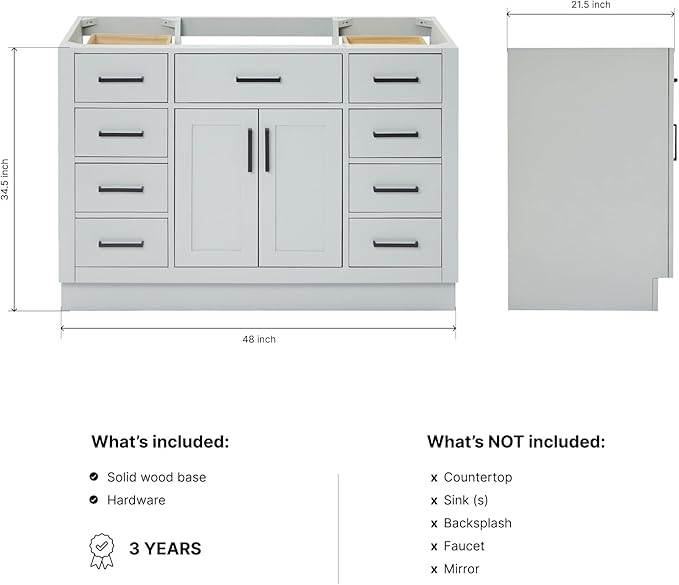ARIEL Hepburn 48-inch Bathroom Vanity Base Cabinet,Solid Wood, 2 Soft Closing Doors, 9 Dovetail Drawers, Grey