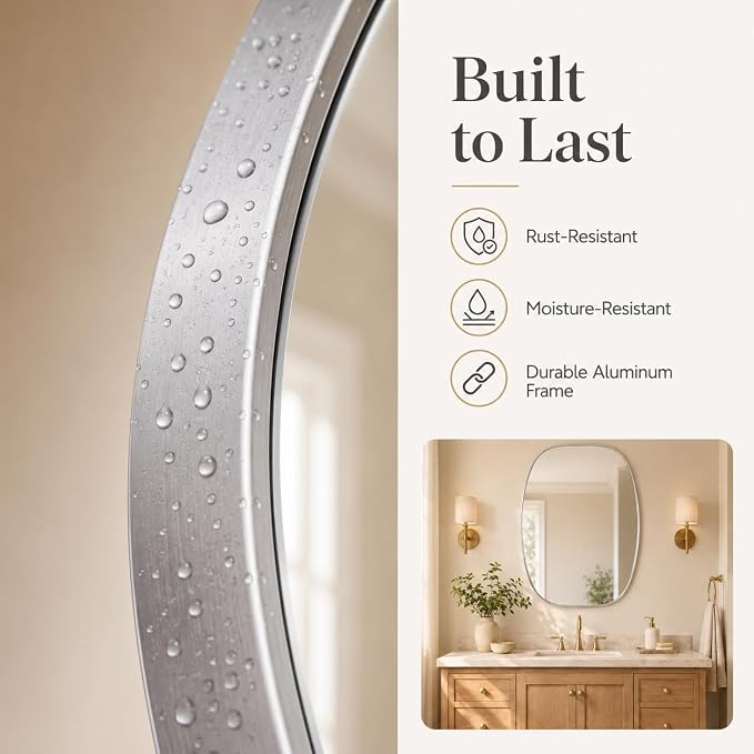 Silver Oval Bathroom Mirrors 24x32 Inch | Oblong Vanity Mirror, Crystal-Clear HD Glass, Rust-Proof Aluminum Frame, Inner-Curved Decor for Bedroom, Entryway
