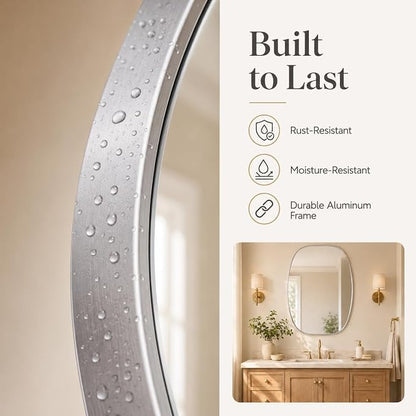 Silver Oval Bathroom Mirrors 24x32 Inch | Oblong Vanity Mirror, Crystal-Clear HD Glass, Rust-Proof Aluminum Frame, Inner-Curved Decor for Bedroom, Entryway