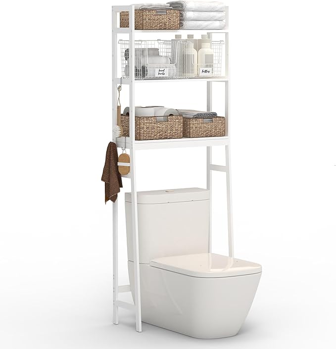 BAMBANG Over The Toilet Storage Rack, 3-Tier Over The Toilet Storage Shelf with 3 Hooks, Freestanding Above Toilet Bathroom Organizer Shelves for Space Saver Storage, Bamboo White