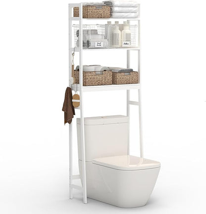 BAMBANG Over The Toilet Storage Rack, 3-Tier Over The Toilet Storage Shelf with 3 Hooks, Freestanding Above Toilet Bathroom Organizer Shelves for Space Saver Storage, Bamboo White