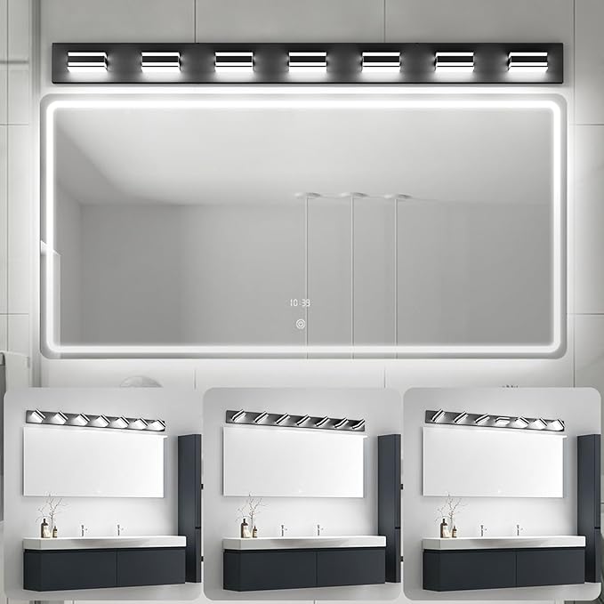 Ralbay 55inch Black Vanity Light for Bathroom 7-Light LED Modern Acrylic Matte Black Bathroom Wall Vanity Lighting Fixtures Over Mirror