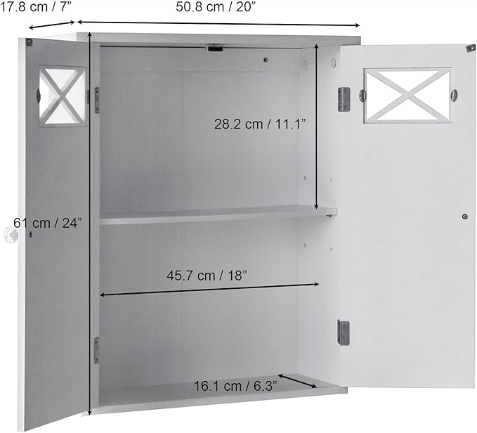 Teamson Home Dawson Wooden Over The Toilet Bathroom Removable Wall Medicine Cabinet with 1 Adjustable Shelf 2 Storage Spaces 2 Cross Molding Doors and Crystal-Cut Knobs, White | 2 Doors, Floor Mount, Open Shelf, Crystal-Cut Knobs