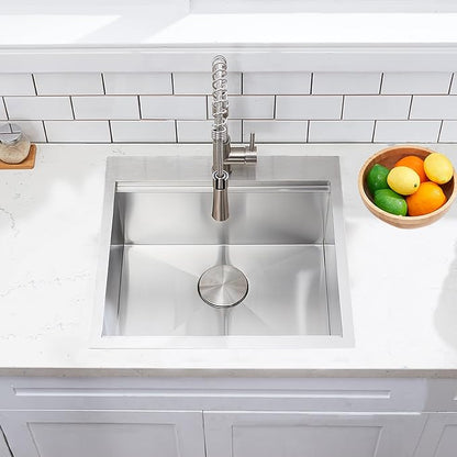 HOTIS 21 X 20 Inch Drop In Kitchen Sink, Handmade Stainless Steel Kitchen Sink, Large Residential Sinks with 1 Holes, Single Bowl Workstation with Dish Grid & Drain and Cutting Board
