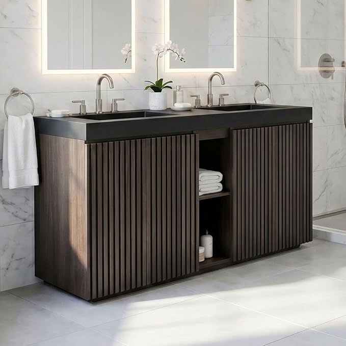 60" Double Bathroom Vanity with Sink (8" Widespread Faucet Holes Predrilled), Mid Century Modern Bathroom Cabinet with 4 Doors & Shelves, Matte Black Sink with Overflow, Smoked Oak