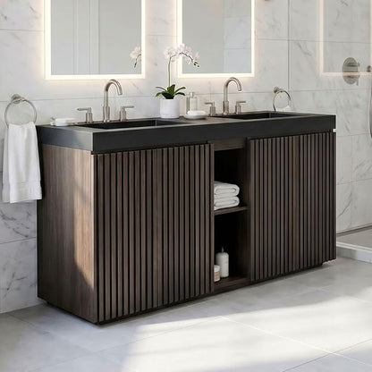 60" Double Bathroom Vanity with Sink (8" Widespread Faucet Holes Predrilled), Mid Century Modern Bathroom Cabinet with 4 Doors & Shelves, Matte Black Sink with Overflow, Smoked Oak
