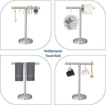 RUMOSE Brushed Nickel Hand Towel Holder Stand Countertop Towel Rack | 13 Inch Bathroom Kitchen Vanity T-Shape Towel Stand Free Standing Stainless Steel Towel Bar Towel Ring
