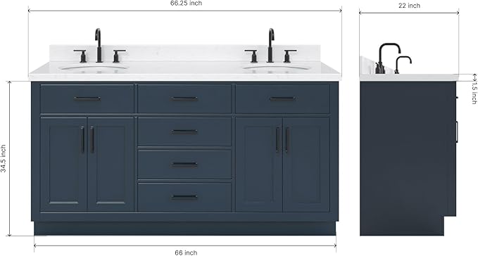 ARIEL Hepburn 66-inch Bathroom Vanity with Sink,Solid Wood, 1.5-inch Carrara White Quartz Countertop, Double Oval Porcelain Sink, 4 Soft Closing Doors, 6 Dovetail Drawers, Midnight Blue