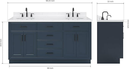 ARIEL Hepburn 66-inch Bathroom Vanity with Sink,Solid Wood, 1.5-inch Carrara White Quartz Countertop, Double Oval Porcelain Sink, 4 Soft Closing Doors, 6 Dovetail Drawers, Midnight Blue