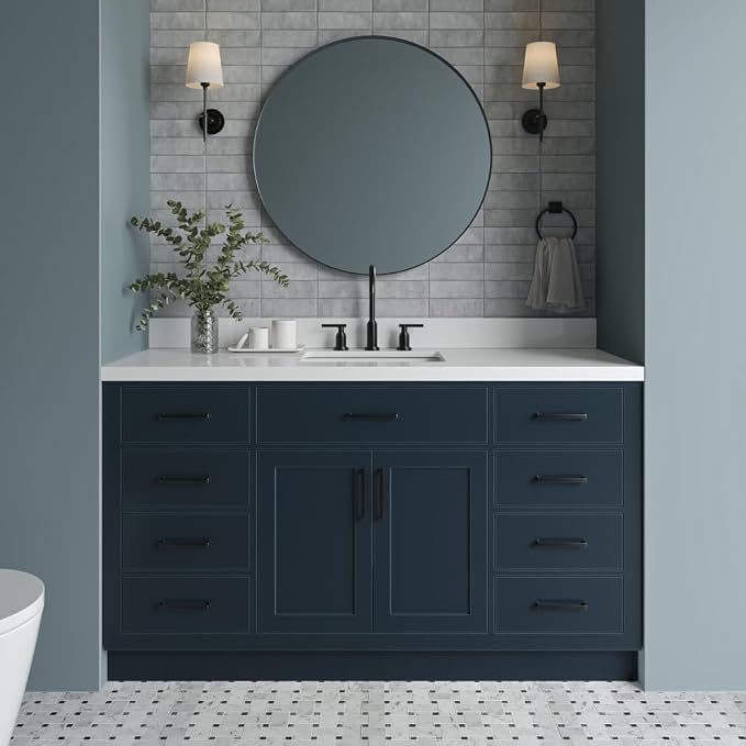 ARIEL Hepburn 60-inch Bathroom Vanity with Sink,Solid Wood, 1.5-inch Pure White Quartz Countertop, Single Rectangular Porcelain Sink, 2 Soft Closing Doors, 9 Dovetail Drawers, Midnight Blue