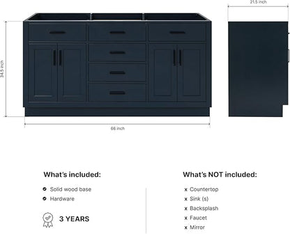 ARIEL Hepburn 66-inch Bathroom Vanity Base Cabinet,Solid Wood, 4 Soft Closing Doors, 6 Dovetail Drawers, Midnight Blue