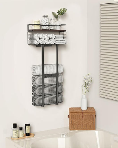 Large Towel Rack & Bathroom Towel Holder - Wall Mounted Metal Rack with Wooden Floating Shelf, Small Bathroom Towel Storage, Easy Holds 6 Large Rolled Towels, Black with Brown Plank