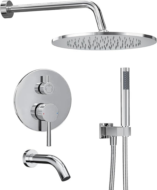 Gabrylly Shower System with Tub Spout, Bathtub Shower Faucets Set with 3-Way Shower Valve, High Pressure 10" Rain Shower head with Handheld Spray Combo, Wall Mounted Rainfall Shower Head Set, Chrome