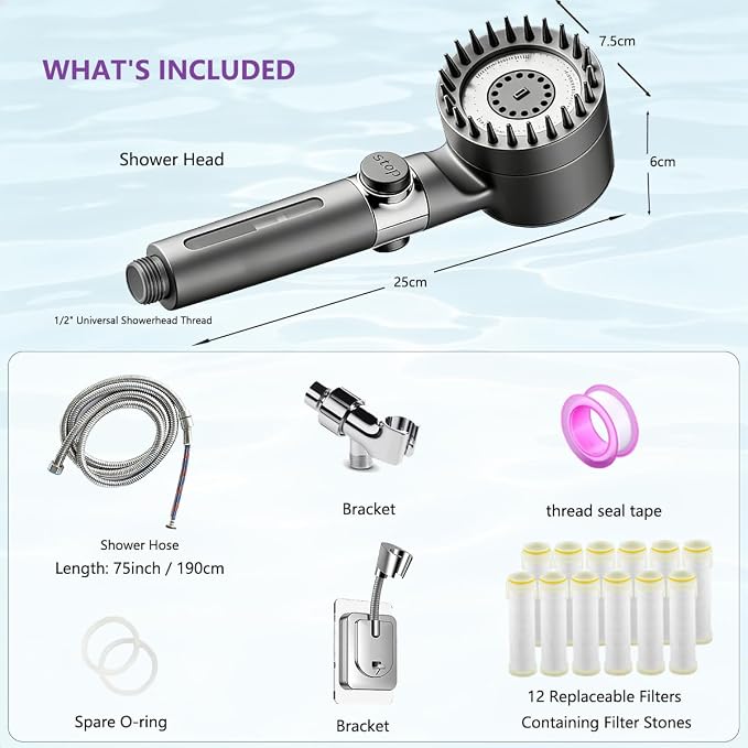 Ion High Pressure Filtered Shower Head with Handheld & Hose for Hard Water | 12 Filters Water Softener for Dry Skin & Hair, 4 Spray Modes, Pause Switch, Scalp Massager, 75" Hose, 2 Bracket | Kids & Pets