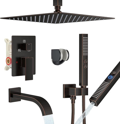 Oil Rubbed Bronze Shower System with Tub Spout, Ceiling Mounted Bathtub Shower Faucet Set, 12" Rainfall Shower Head and Handheld Shower Combo, High Pressure Shower Fixtures Set with Rough-in Valve