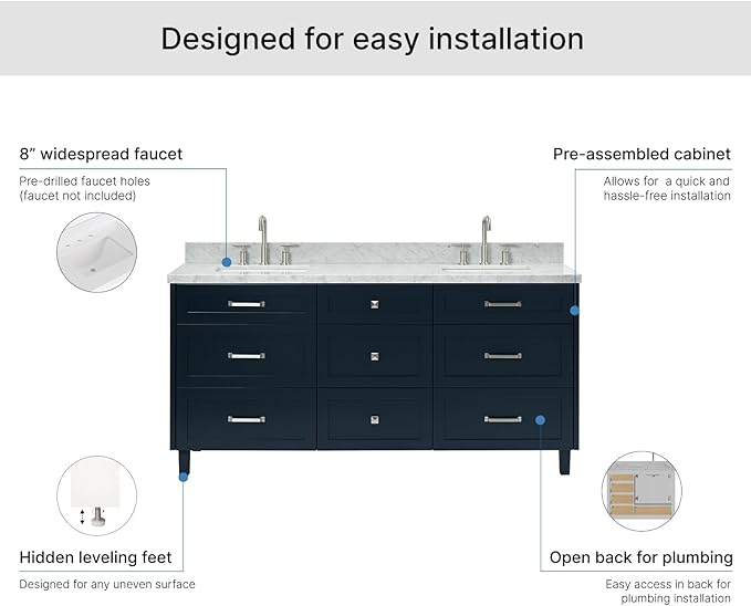 ARIEL Monroe 72-inch Bathroom Vanity with Sink,Solid Wood, 1.5-inch Italian Carrara Marble Countertop & Backsplash, Double Oval Porcelain Sink, 9 Dovetail Drawers, Brushed Nickel, Midnight Blue