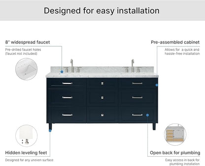 ARIEL Monroe 72-inch Bathroom Vanity with Sink,Solid Wood, 1.5-inch Italian Carrara Marble Countertop & Backsplash, Double Oval Porcelain Sink, 9 Dovetail Drawers, Brushed Nickel, Midnight Blue