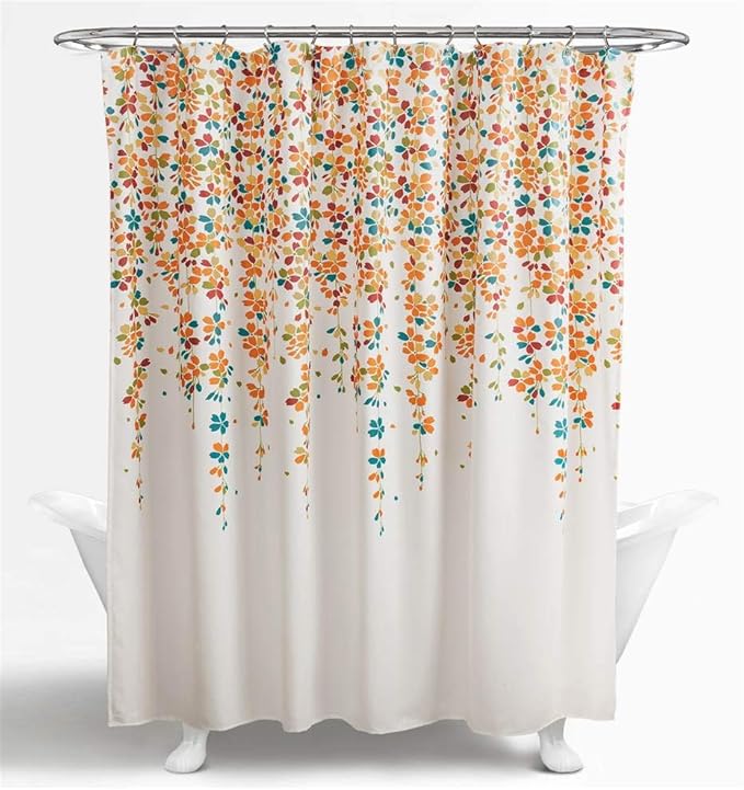 Lush Decor Weeping Flower Shower Curtain 72"W x 72"L Turquoise & Tangerine - Floral Shower Curtains for Bathroom - Bathroom Curtain - Cottage Decor